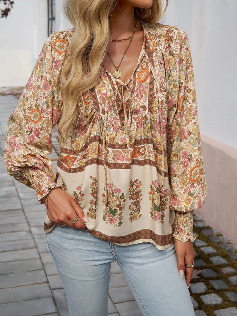 Women'S Casual Boho V Neck Top Floral Blouses