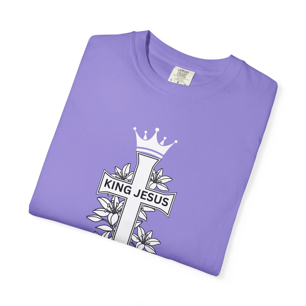 King Jesus Cross T-Shirt — Christian Faith Tee with Crown & Floral Graphic