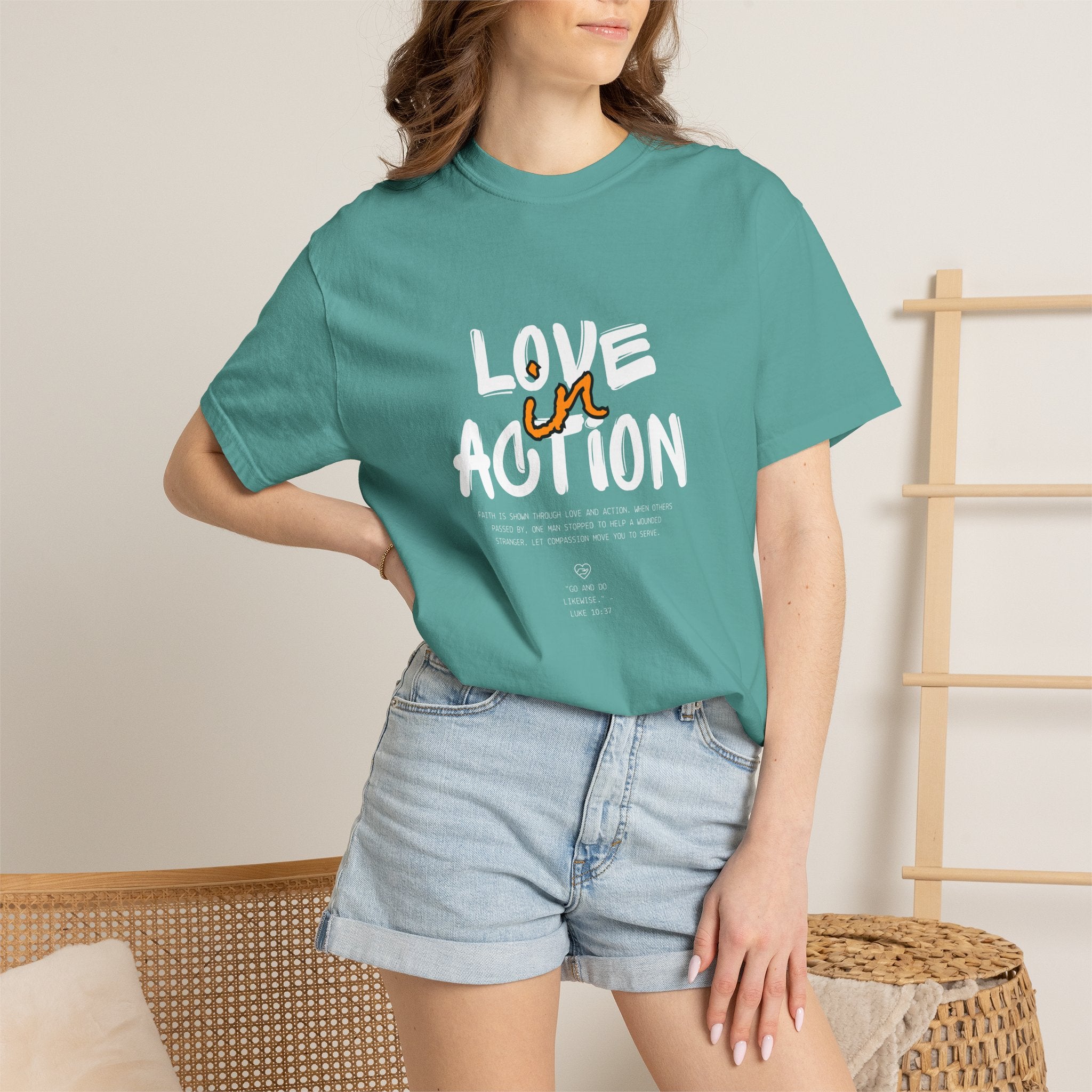 Love in Action — Minimalist White Tee with Brown Handwritten 'in'