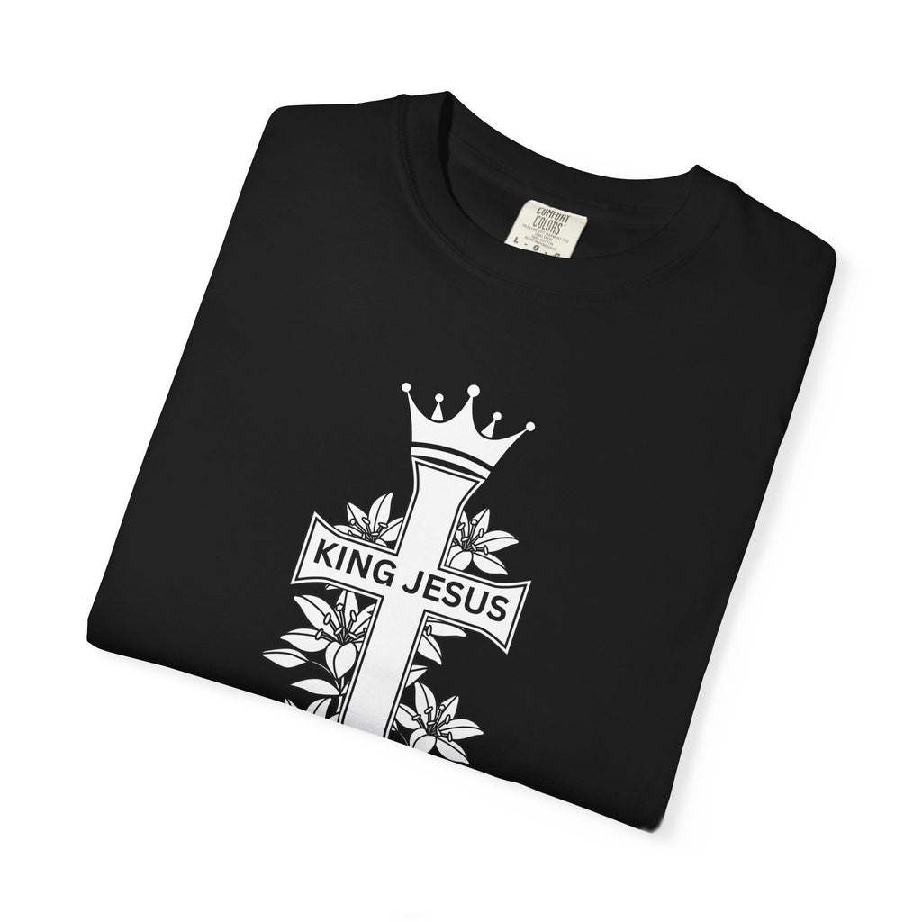 King Jesus Cross T-Shirt — Christian Faith Tee with Crown & Floral Graphic