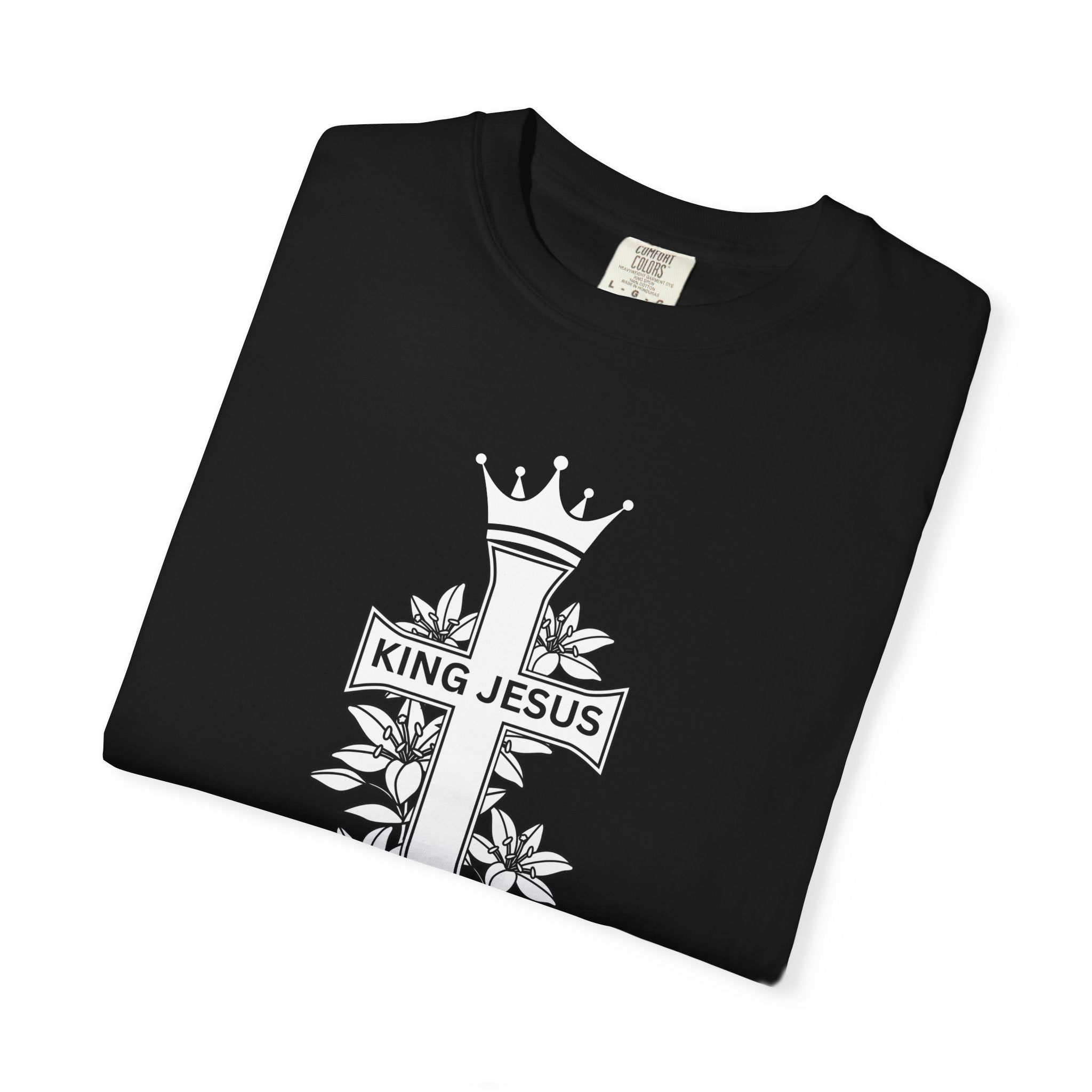 King Jesus Cross T-Shirt — Christian Faith Tee with Crown & Floral Graphic