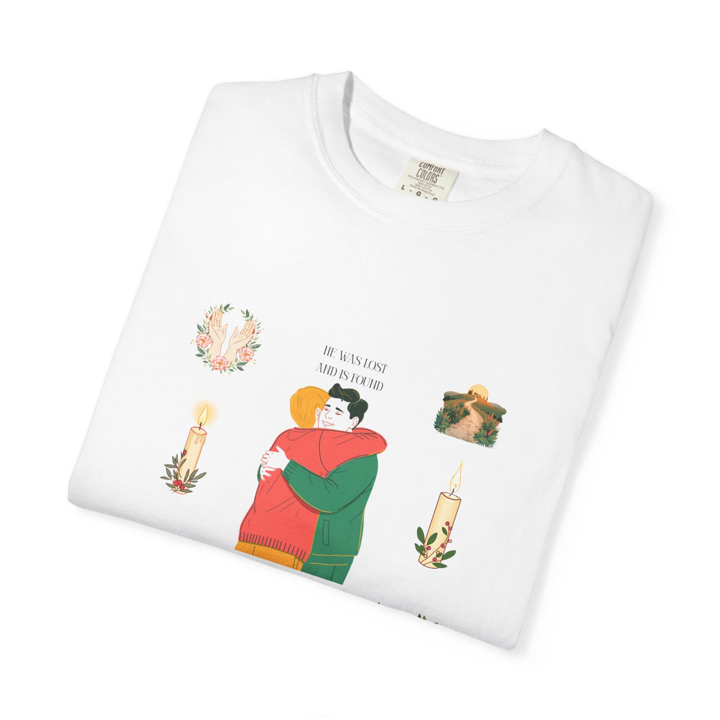 Graphic T-Shirt — Embrace Illustration Tee (Hug Design with Candles & Heart)