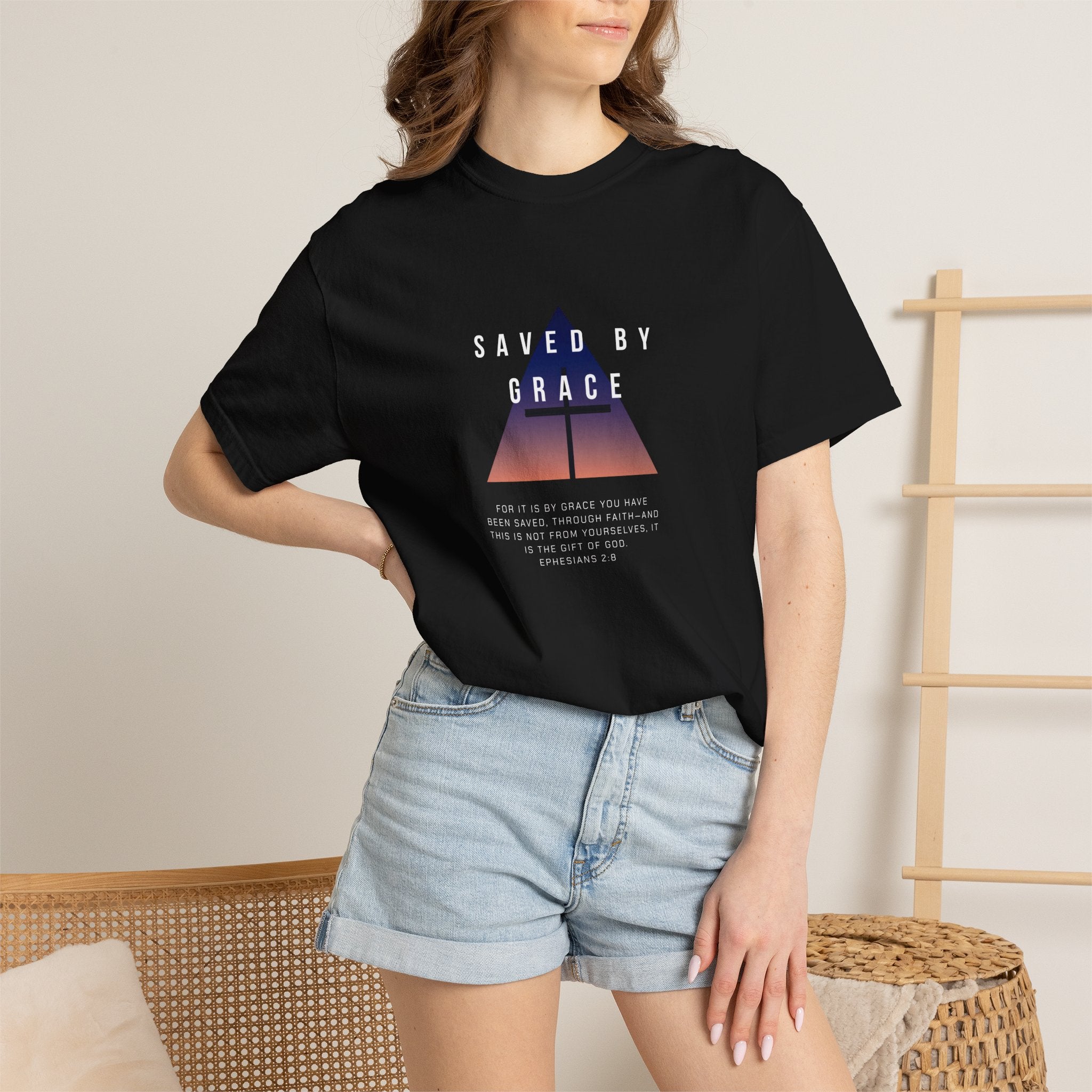 Saved by Grace T-Shirt — Christian Faith Graphic Tee with Cross & Scripture