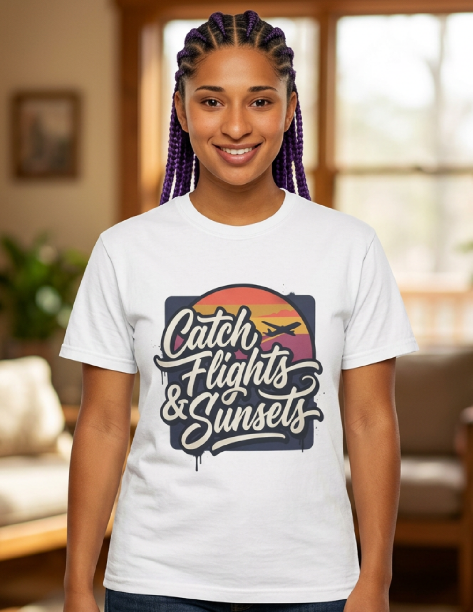 Catch Flights & Sunsets T‑Shirt — Vintage Sunset Travel Tee