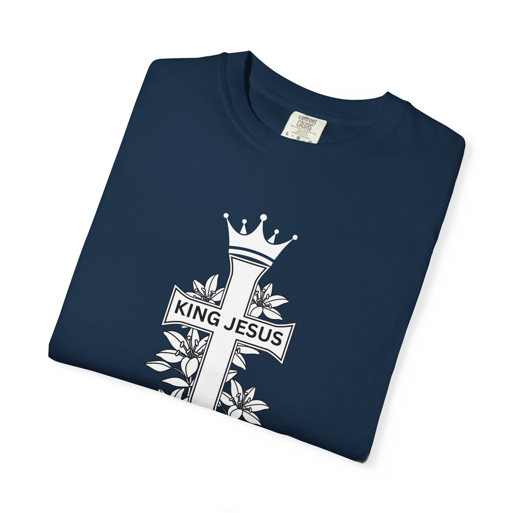 King Jesus Cross T-Shirt — Christian Faith Tee with Crown & Floral Graphic