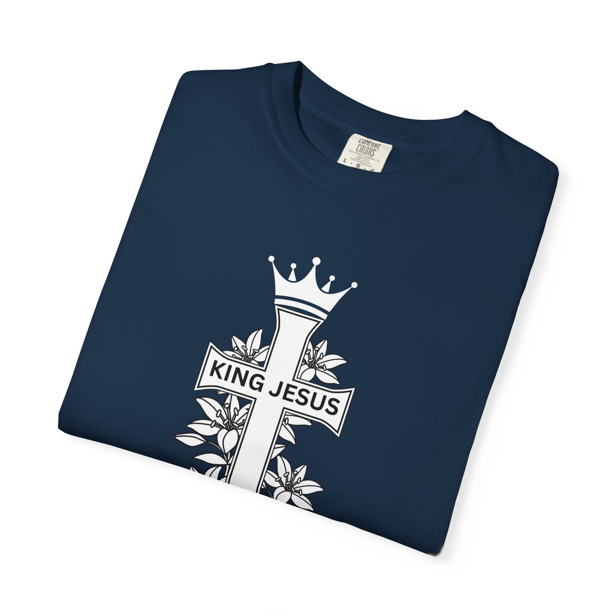 King Jesus Cross T-Shirt — Christian Faith Tee with Crown & Floral Graphic