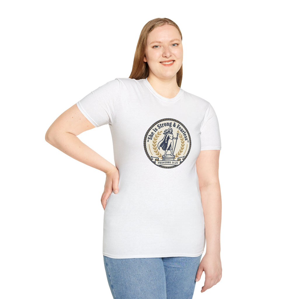 Proverbs 31:25 'She Is Strong & Fearless' Christian T-Shirt