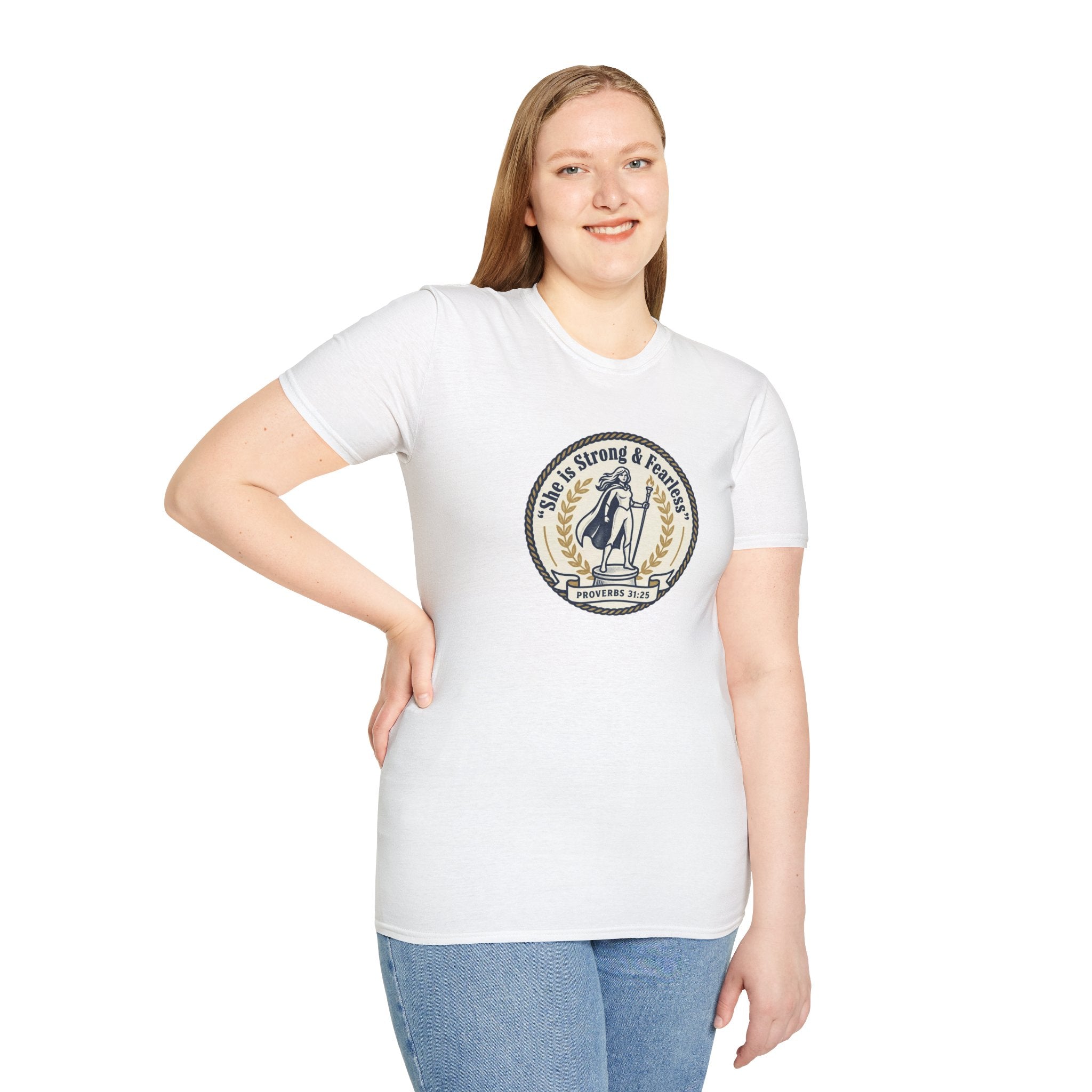 Proverbs 31:25 'She Is Strong & Fearless' Christian T-Shirt