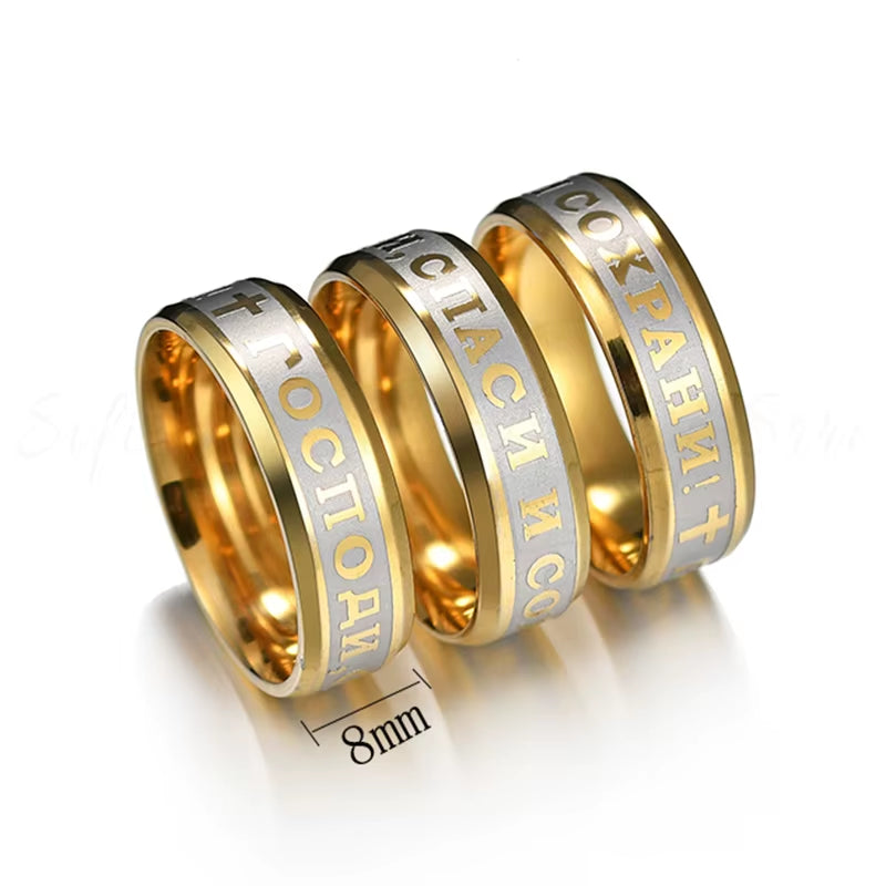 Sifisrri 8Mm Stainless Steel Religious Jesus Cross Ring Russian God save Us Band Rings for Men Women Christian Jewelry Anillos