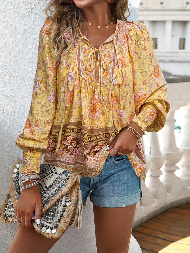 Women'S Casual Boho V Neck Top Floral Blouses