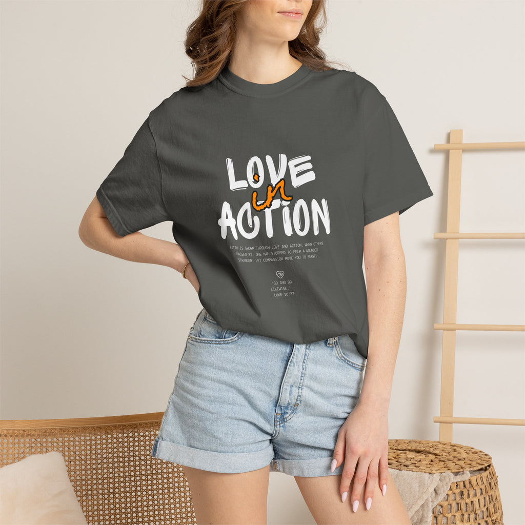 Love in Action — Minimalist White Tee with Brown Handwritten 'in'