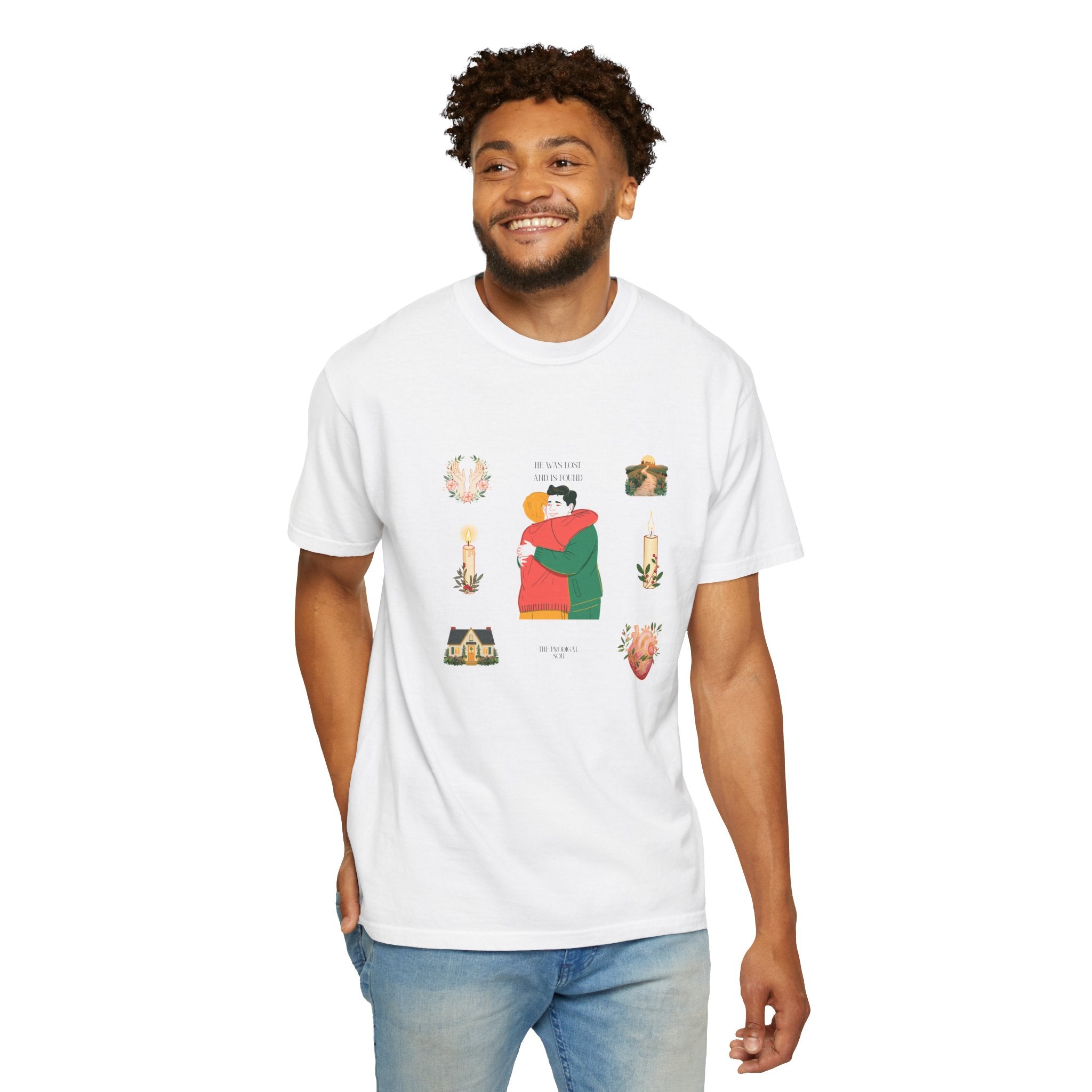 Graphic T-Shirt — Embrace Illustration Tee (Hug Design with Candles & Heart)