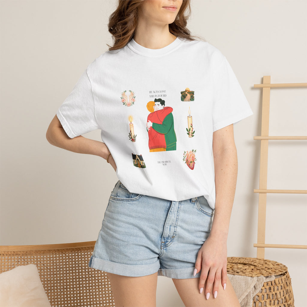 Graphic T-Shirt — Embrace Illustration Tee (Hug Design with Candles & Heart)