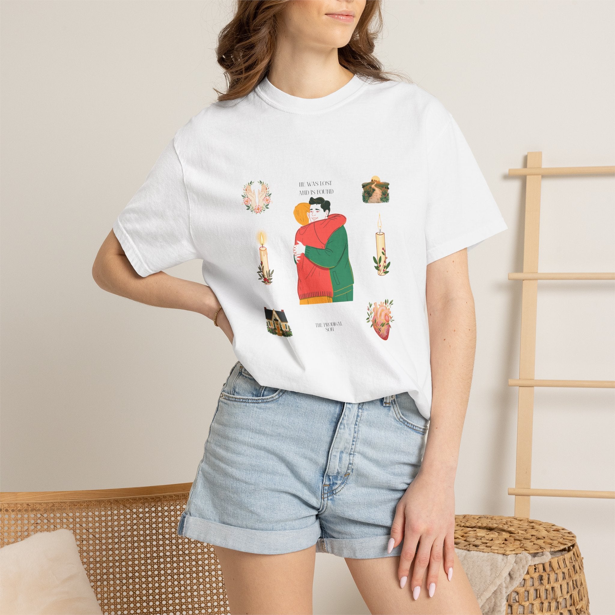 Graphic T-Shirt — Embrace Illustration Tee (Hug Design with Candles & Heart)