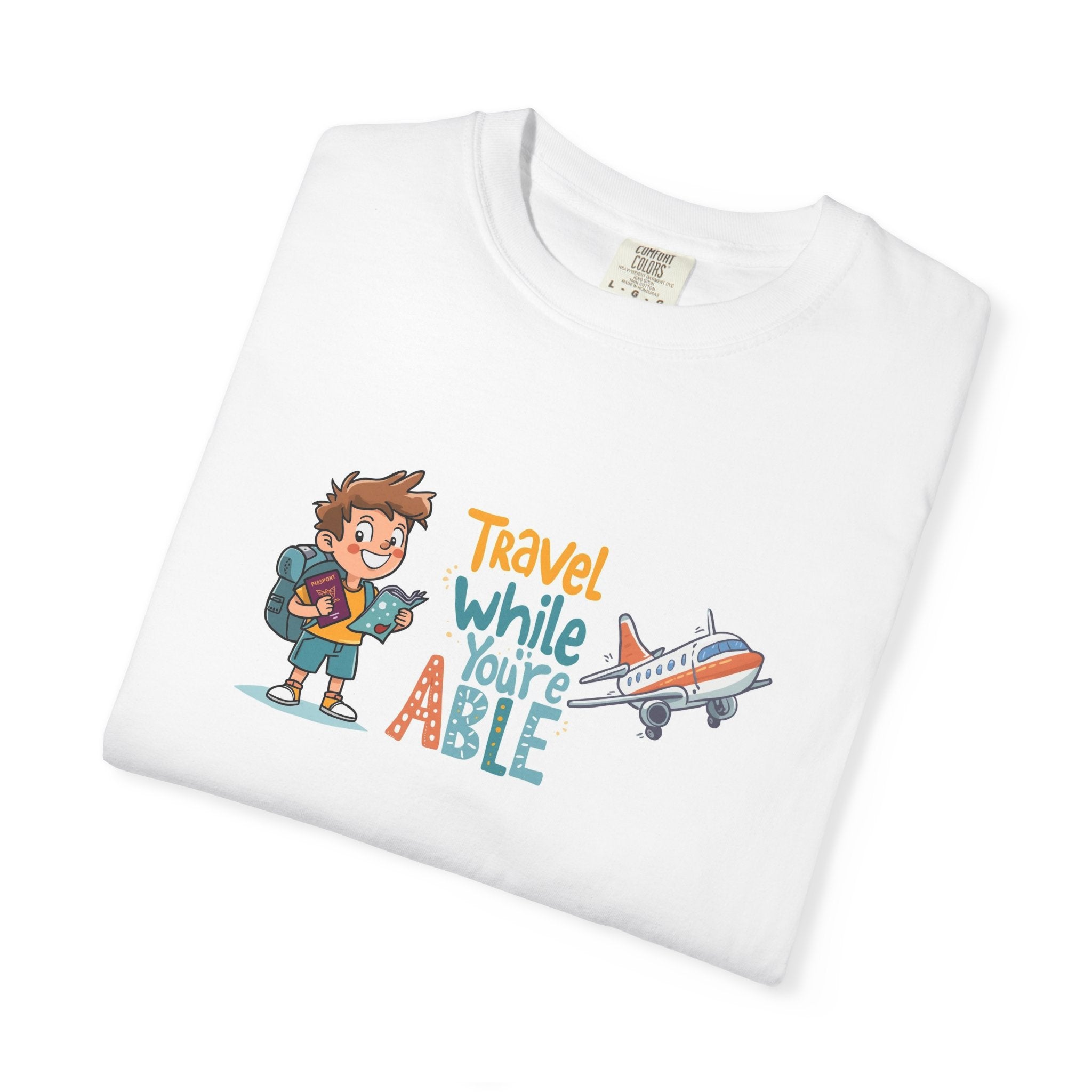 Travel While You’re Able T-shirt | Travel Quote Tee, Backpacker Plane
