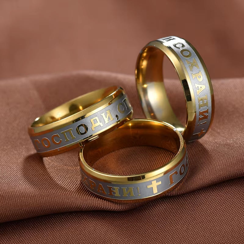 Sifisrri 8Mm Stainless Steel Religious Jesus Cross Ring Russian God save Us Band Rings for Men Women Christian Jewelry Anillos