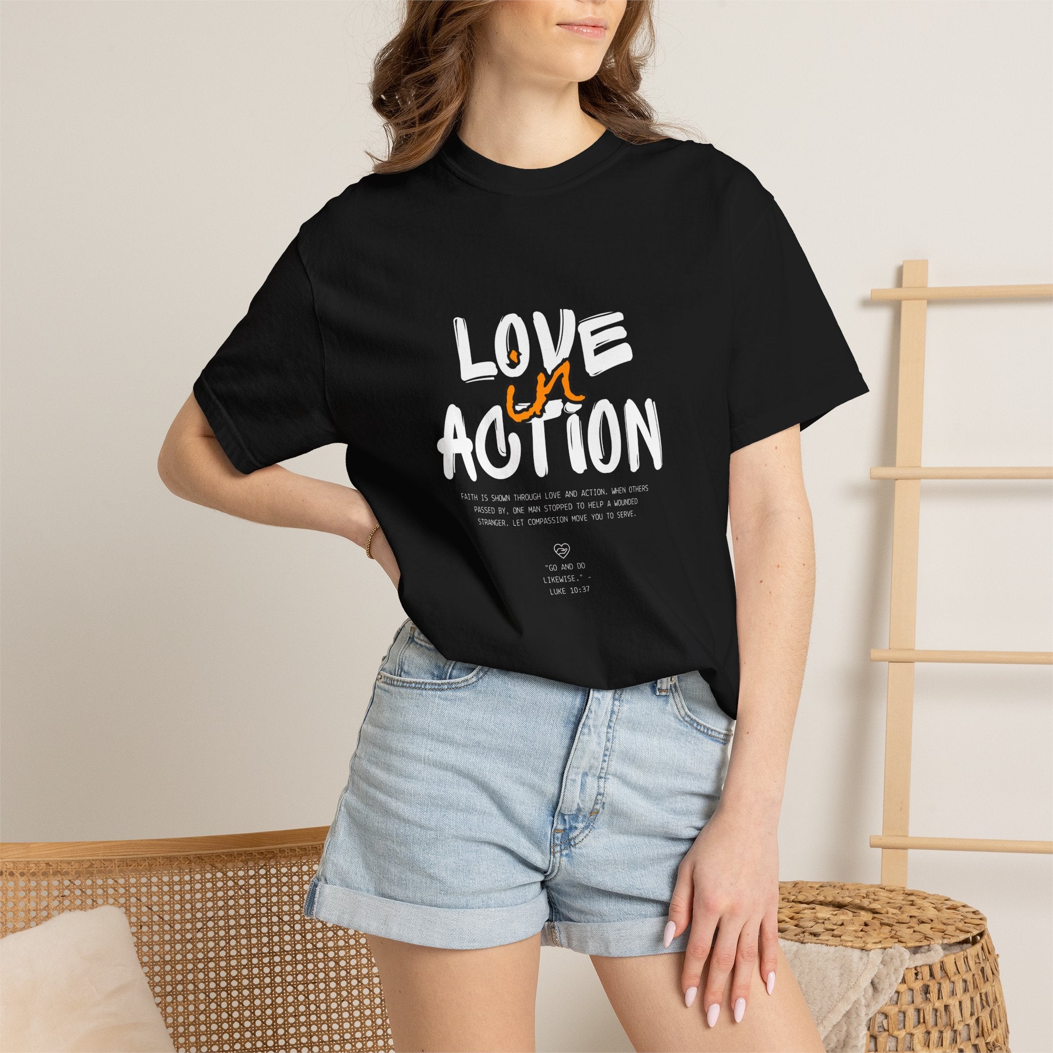 Love in Action — Minimalist White Tee with Brown Handwritten 'in'
