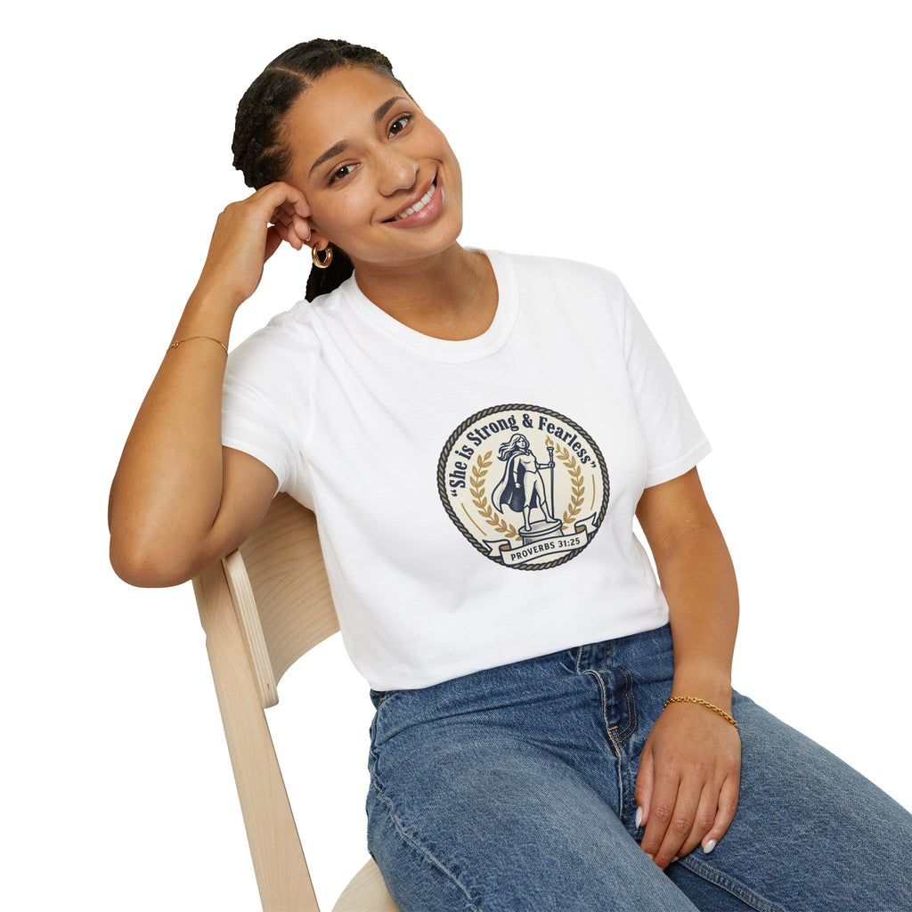 Proverbs 31:25 'She Is Strong & Fearless' Christian T-Shirt
