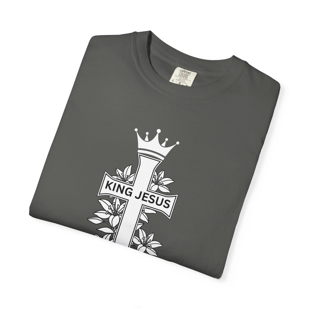 King Jesus Cross T-Shirt — Christian Faith Tee with Crown & Floral Graphic