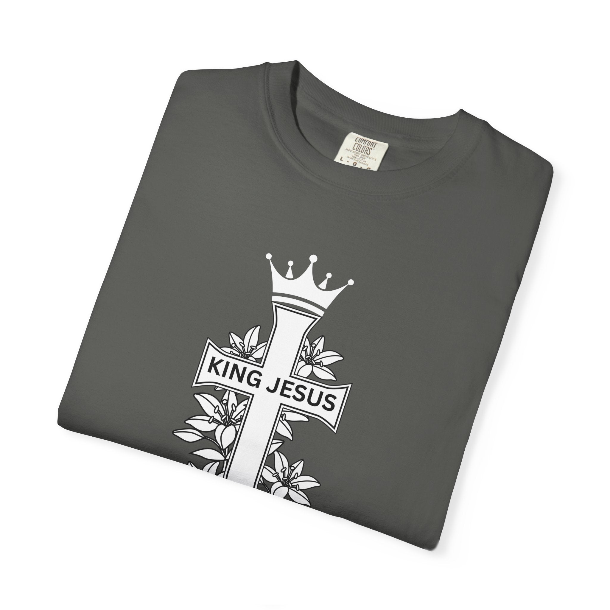 King Jesus Cross T-Shirt — Christian Faith Tee with Crown & Floral Graphic