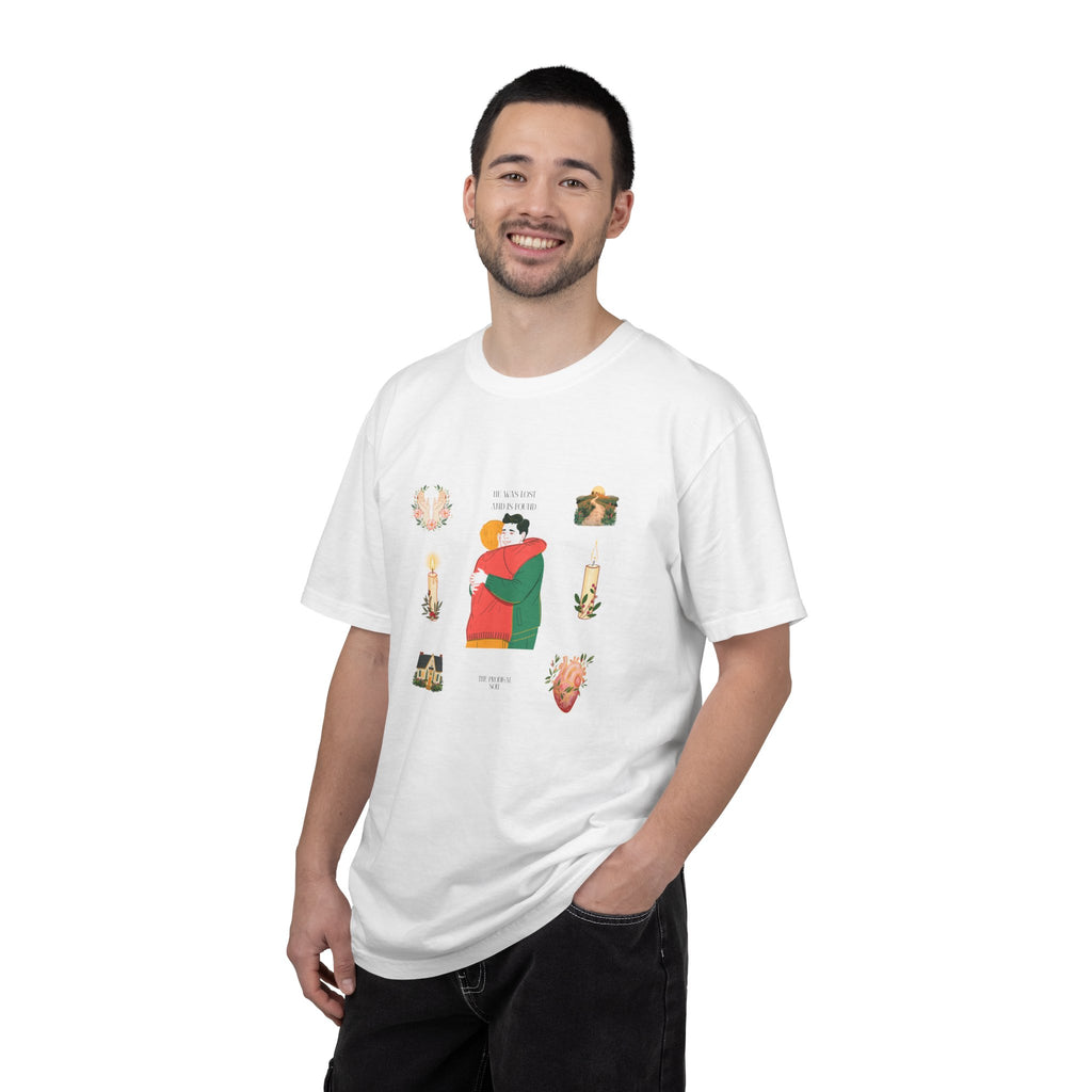 Graphic T-Shirt — Embrace Illustration Tee (Hug Design with Candles & Heart)