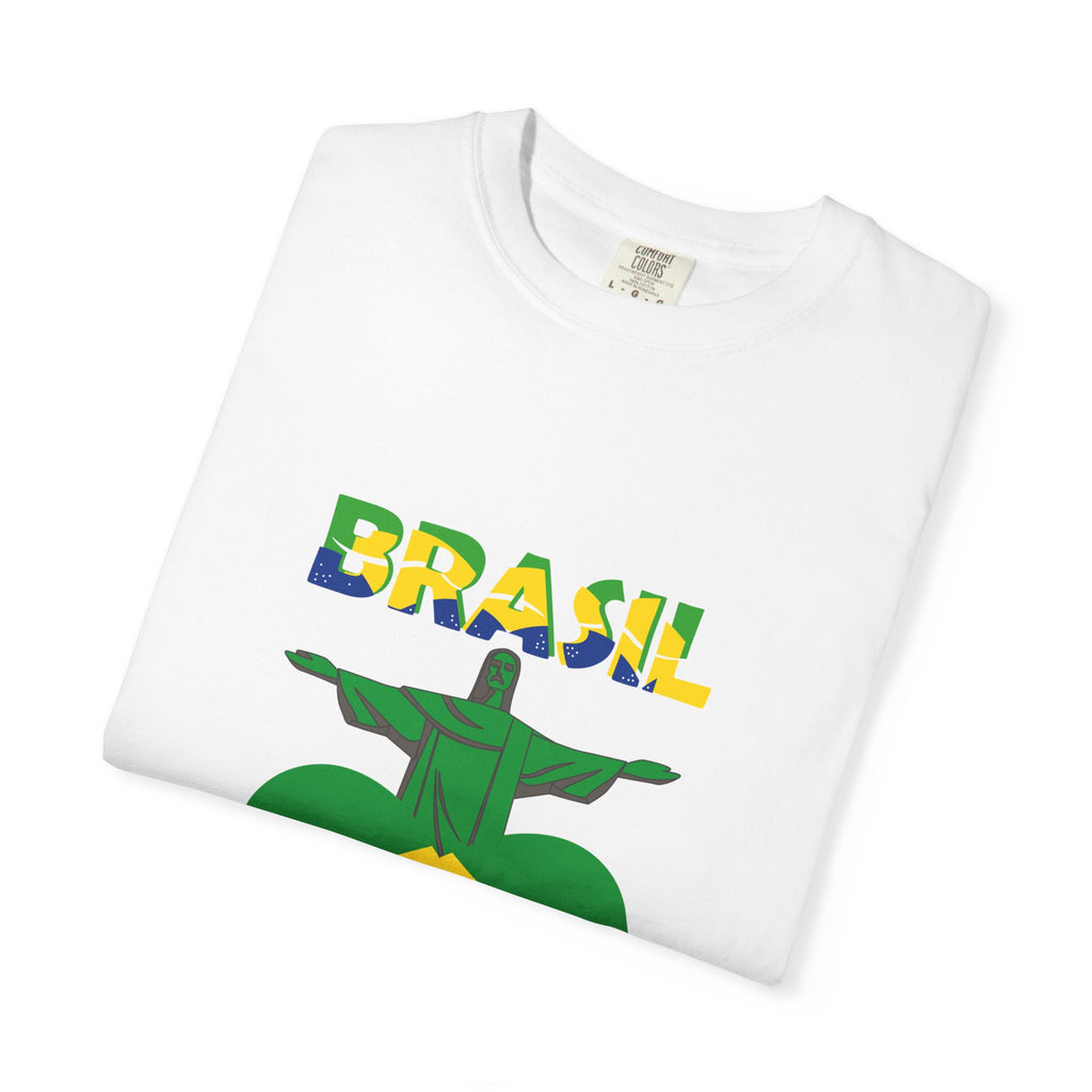 Brasil Heart Flag T-Shirt — Brazil Pride Tee with Christ the Redeemer Graphic