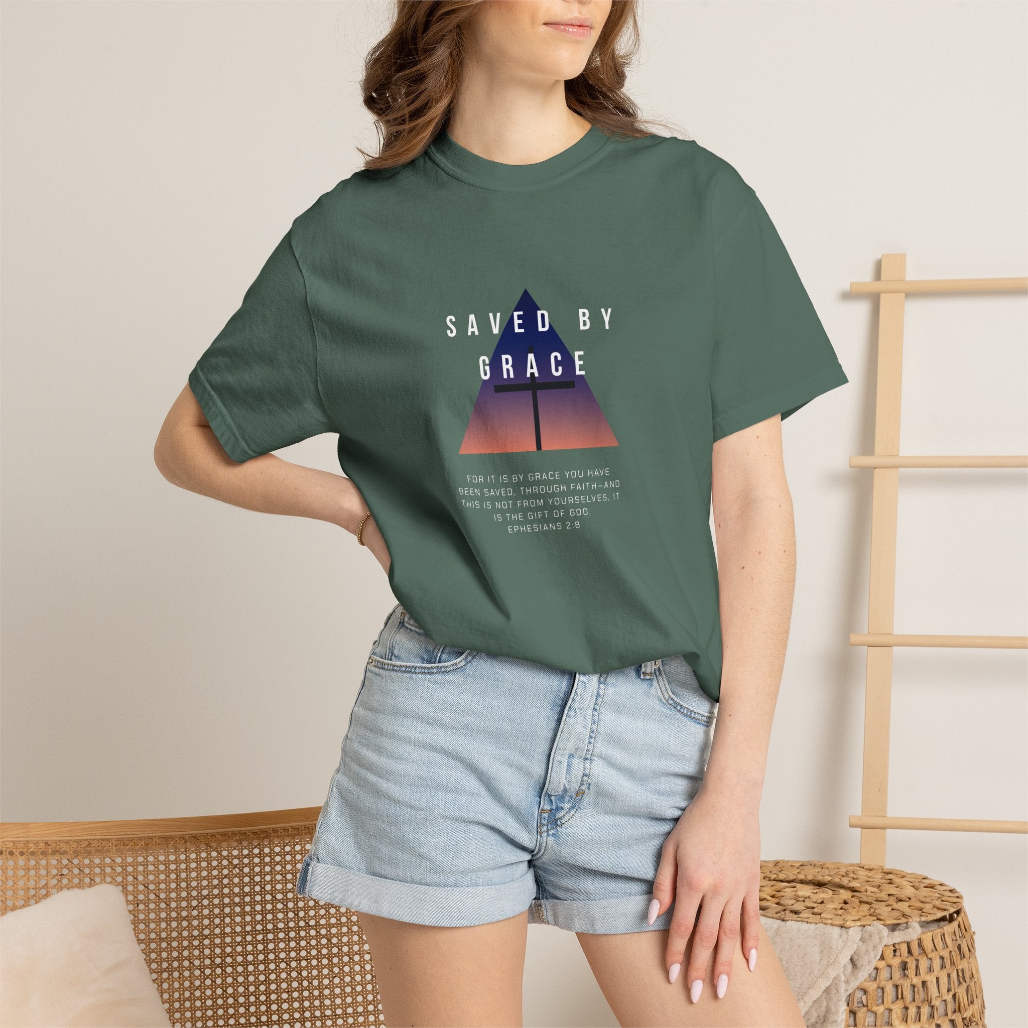 Saved by Grace T-Shirt — Christian Faith Graphic Tee with Cross & Scripture