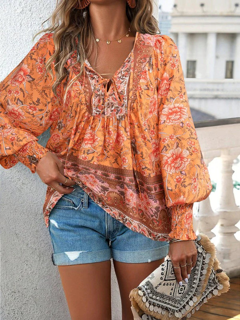 Women'S Casual Boho V Neck Top Floral Blouses
