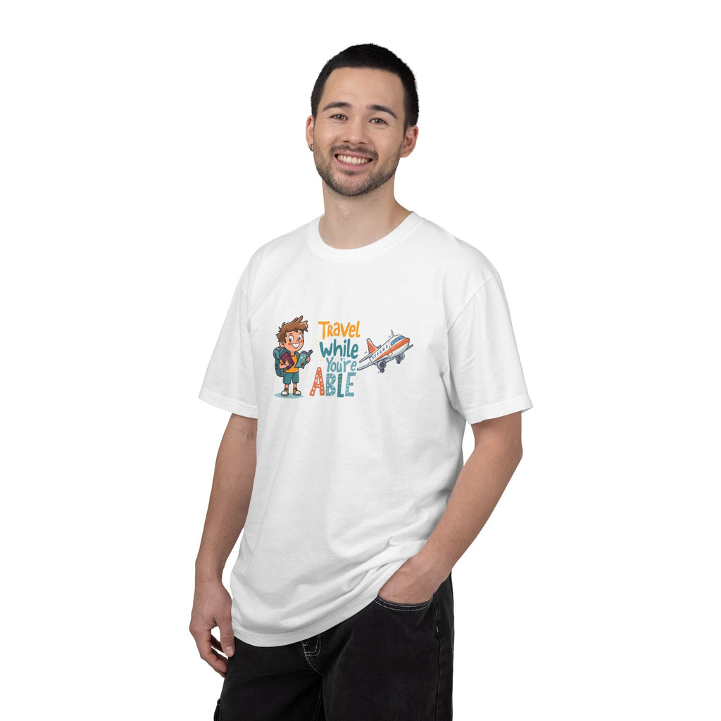 Travel While You’re Able T-shirt | Travel Quote Tee, Backpacker Plane