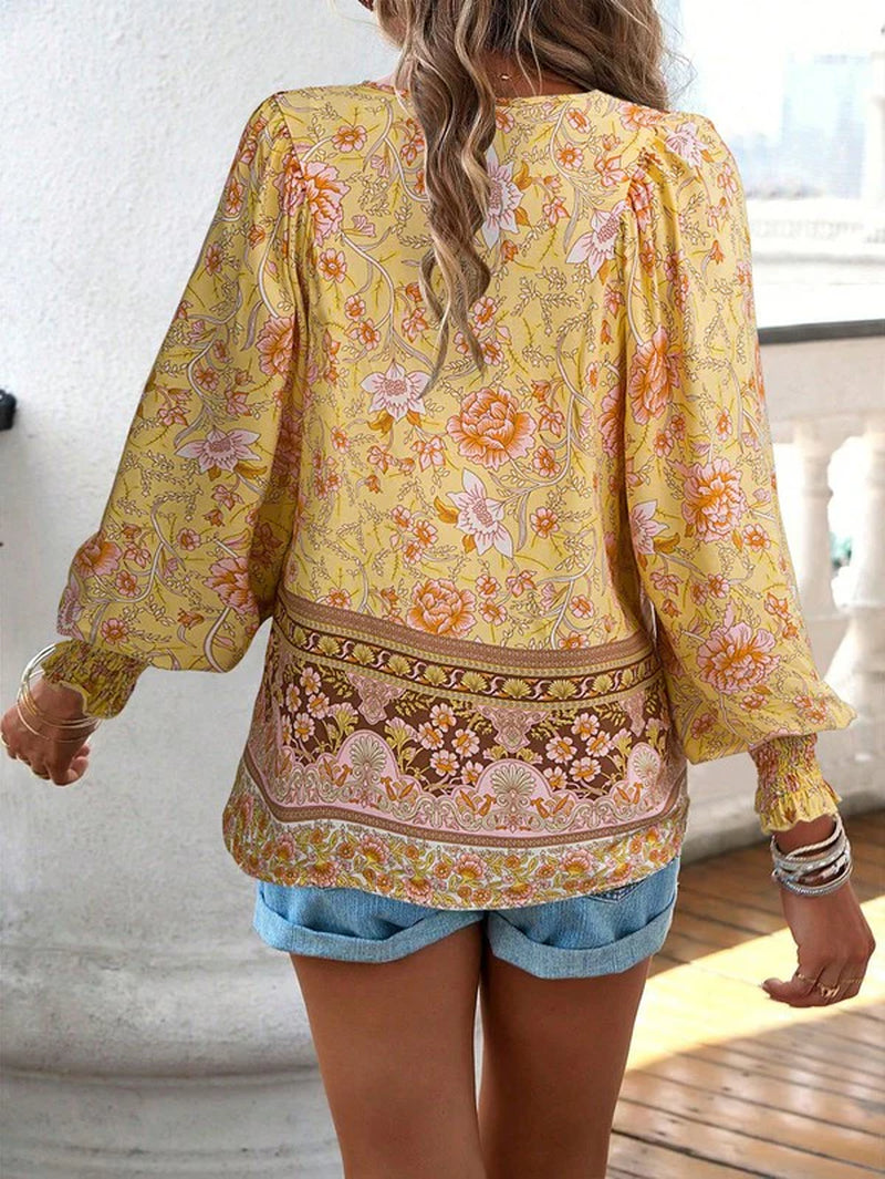 Women'S Casual Boho V Neck Top Floral Blouses