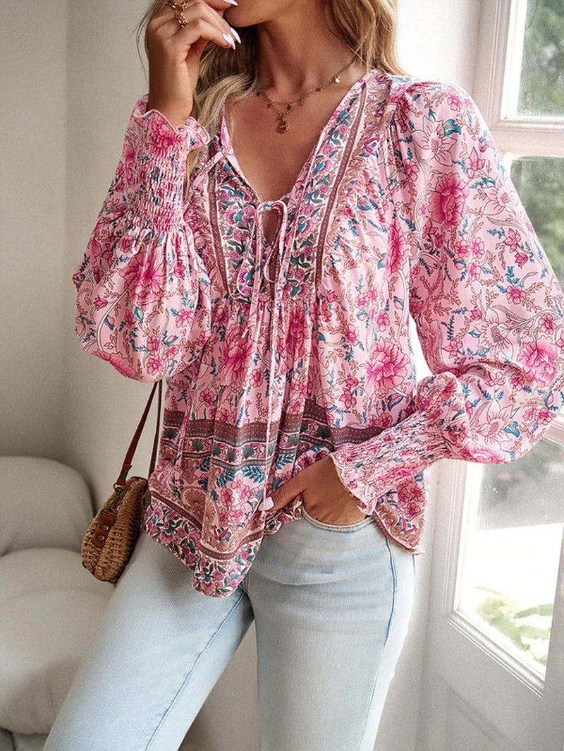 Women'S Casual Boho V Neck Top Floral Blouses