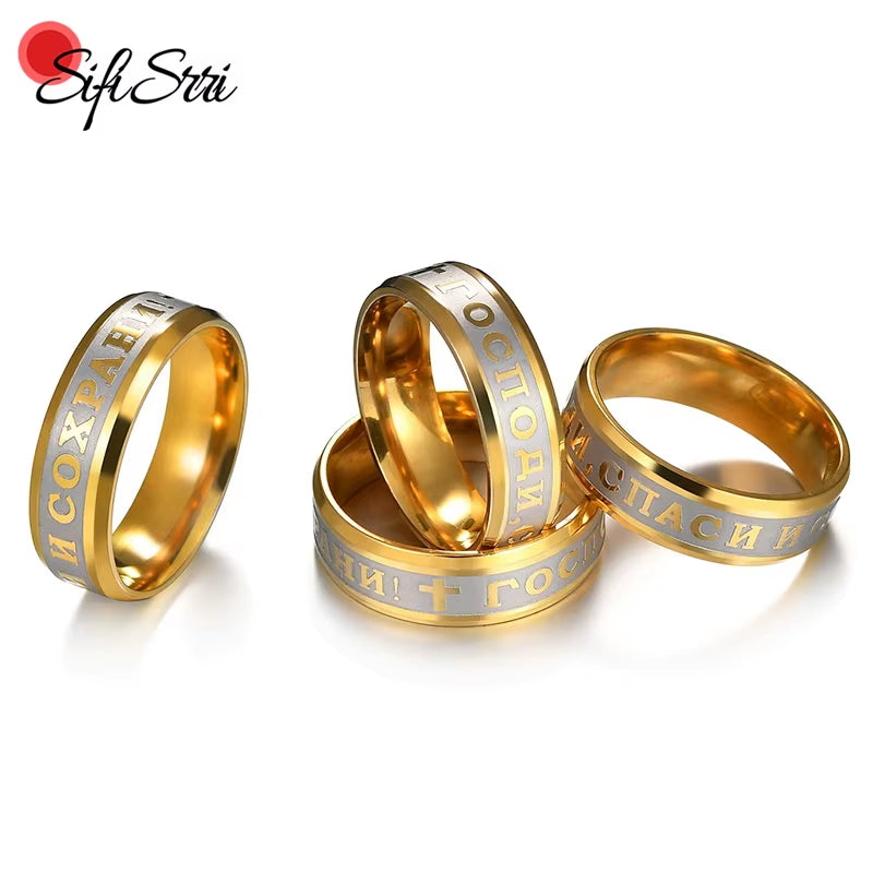 Sifisrri 8Mm Stainless Steel Religious Jesus Cross Ring Russian God save Us Band Rings for Men Women Christian Jewelry Anillos