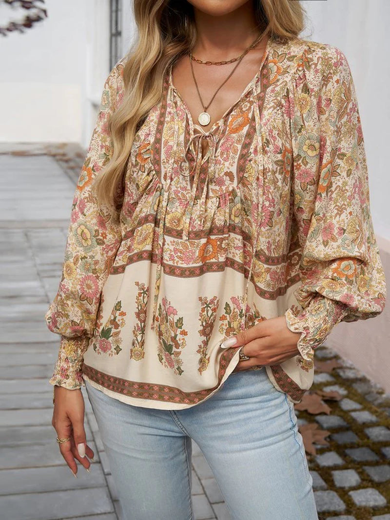 Women'S Casual Boho V Neck Top Floral Blouses